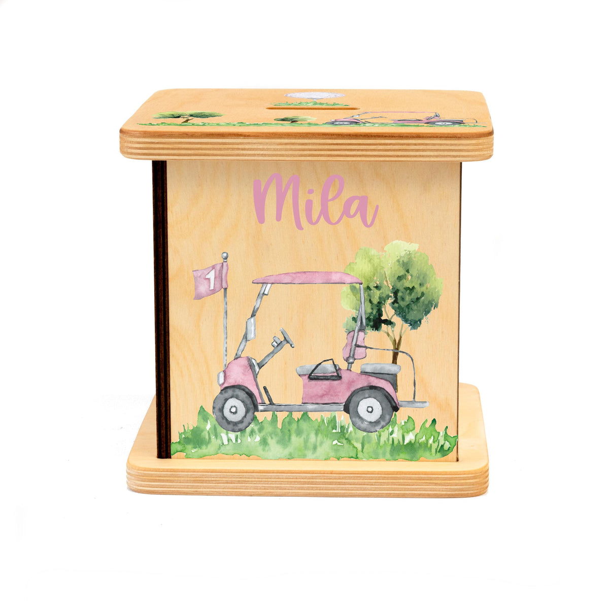 a wooden box with a pink scooter painted on it