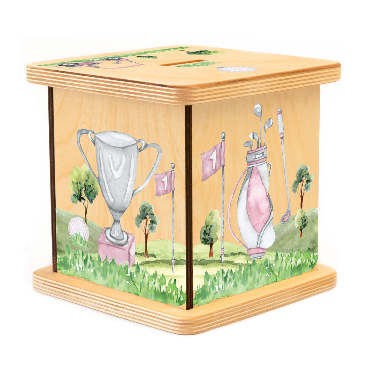 a wooden box with a painting of a trophy and other items