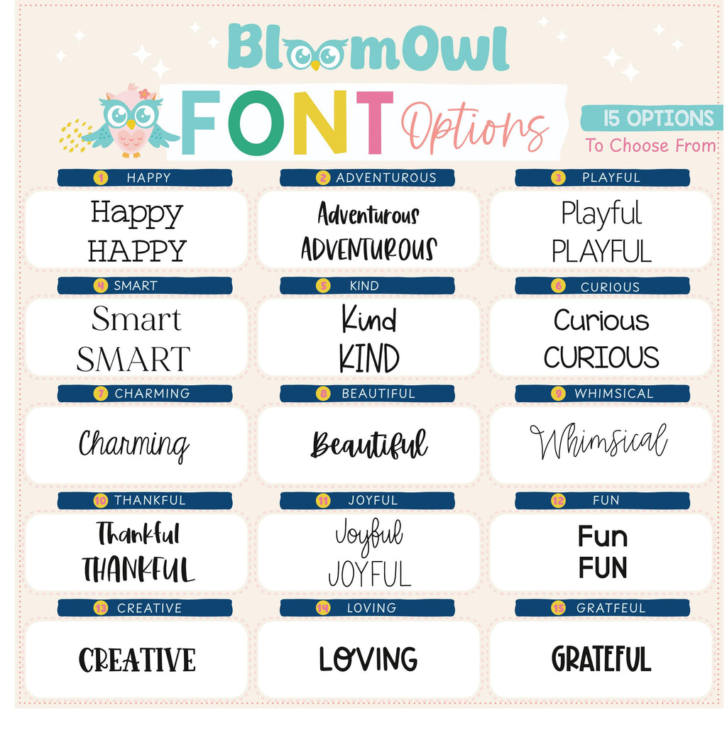 a printable font chart with the words bloomow font options