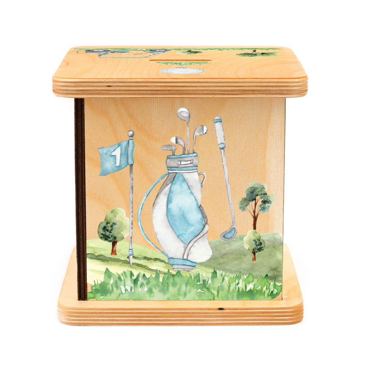 a wooden box with a painting of a golf scene