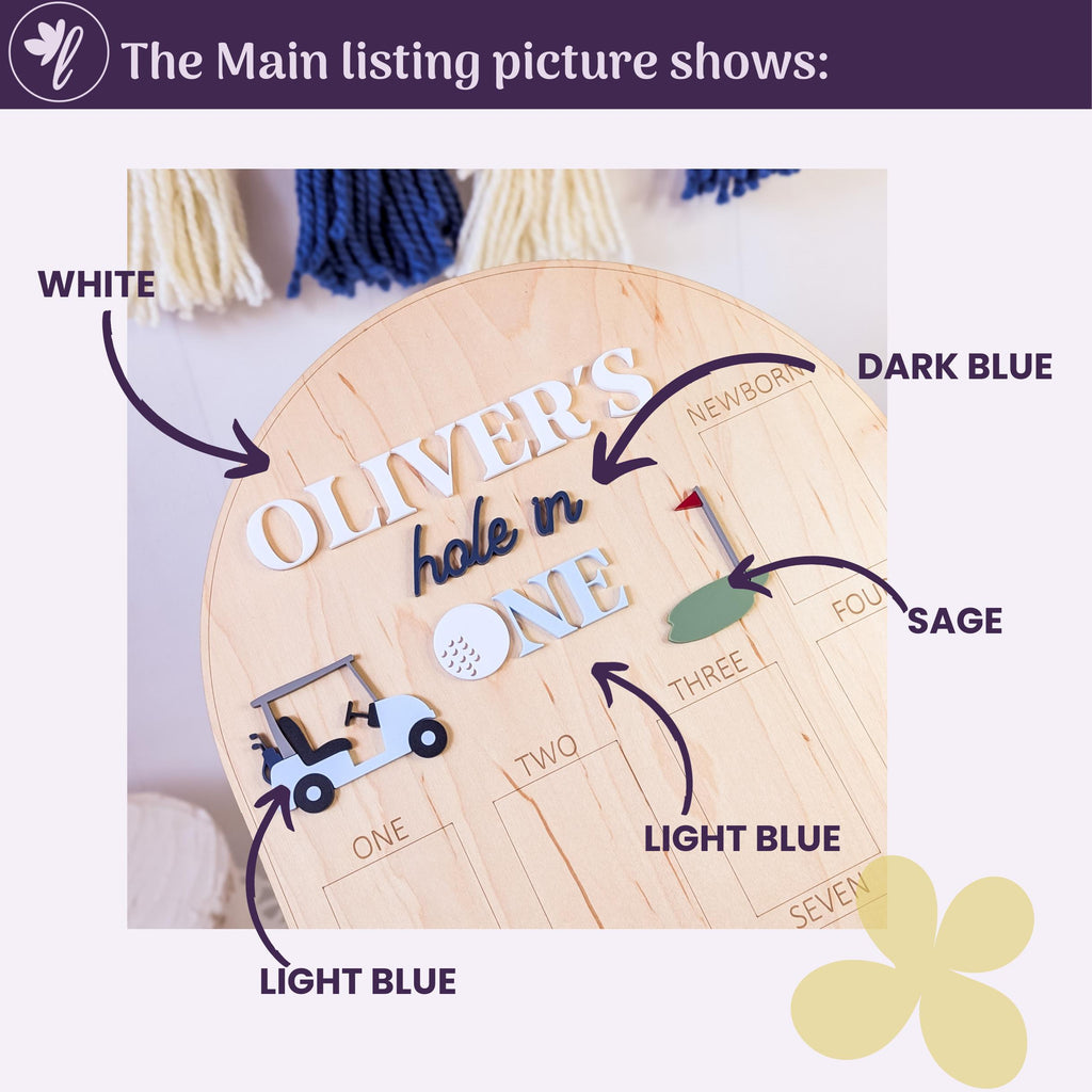 May include: A wooden golf-themed sign with the name "OLIVER'S" and the phrase "hole n ONE" in white and dark blue lettering. Includes a light blue golf cart, a golf ball, and a sage green golf course element. The sign is designed for a newborn.