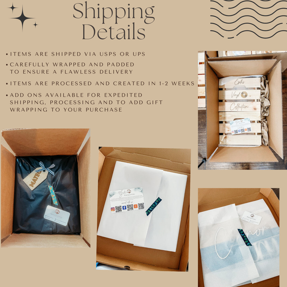 May include: Three images showing how items are packaged for shipping. The first image shows a black box with a white and blue patterned tag that says "MATE". The second image shows a white box with a white paper insert and a small white tag with social media icons. The third image shows a white box with a white paper insert and a white tag that says "nor".
