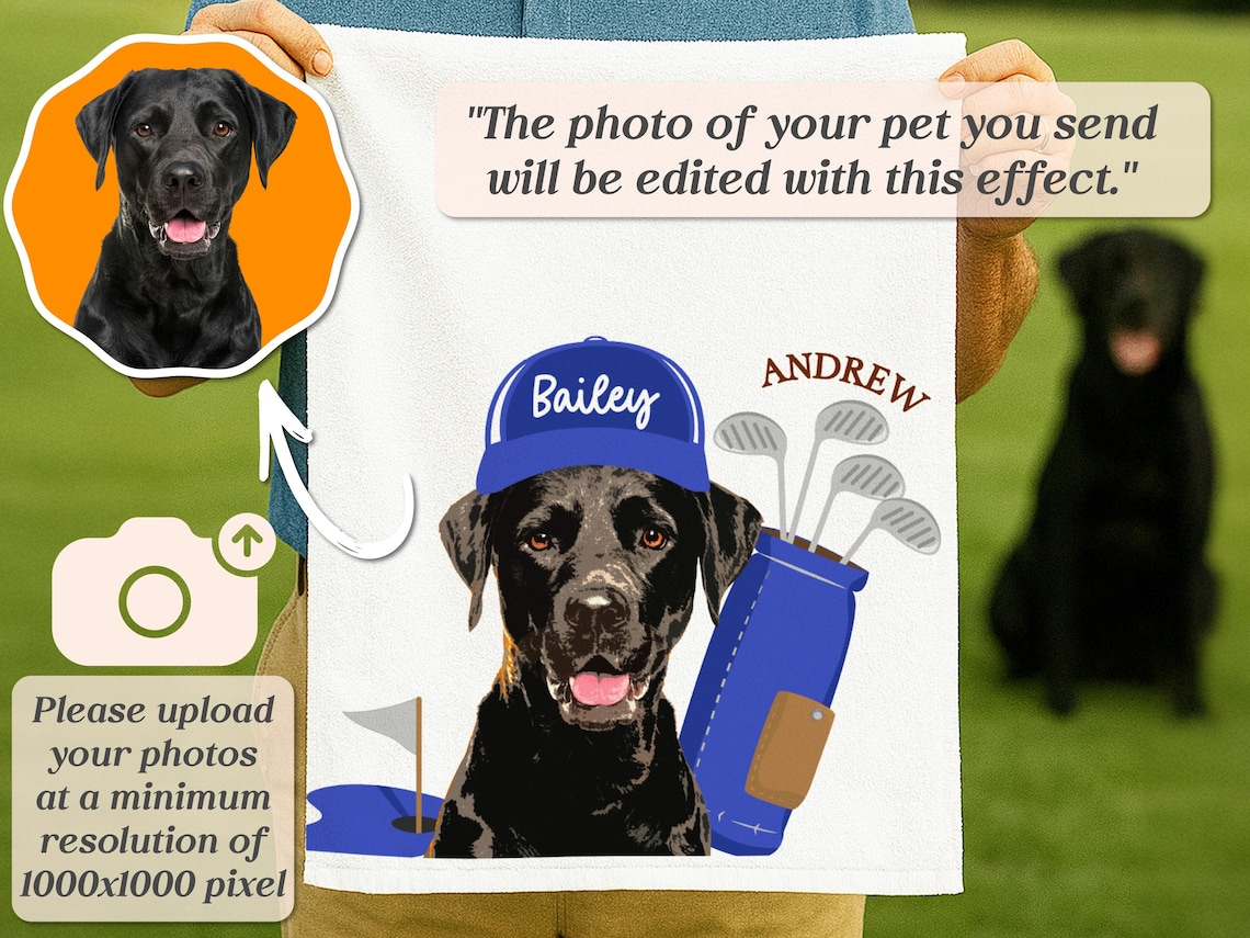 Custom Pet Photo Golf Towel - Personalized Dog/Cat Face Microfiber Towel - Funny Golf Gift for Dad, Men