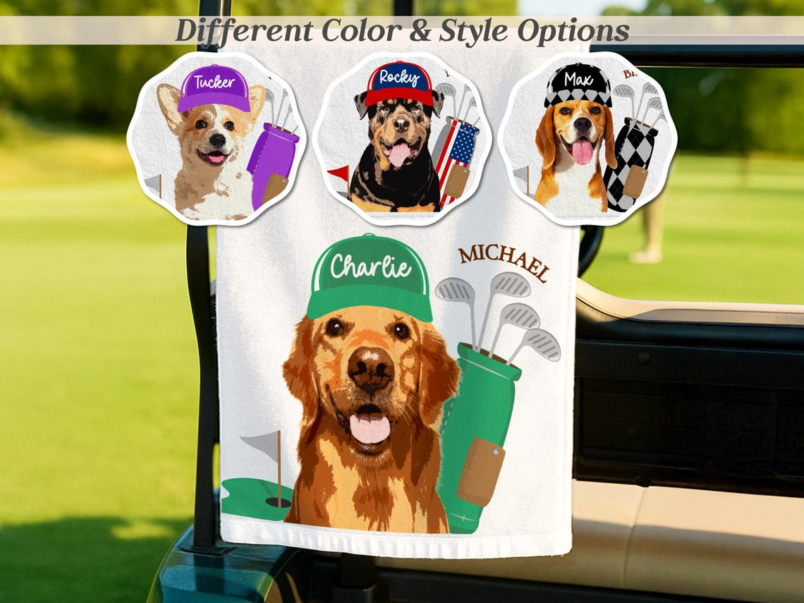 Custom Pet Photo Golf Towel - Personalized Dog/Cat Face Microfiber Towel - Funny Golf Gift for Dad, Men