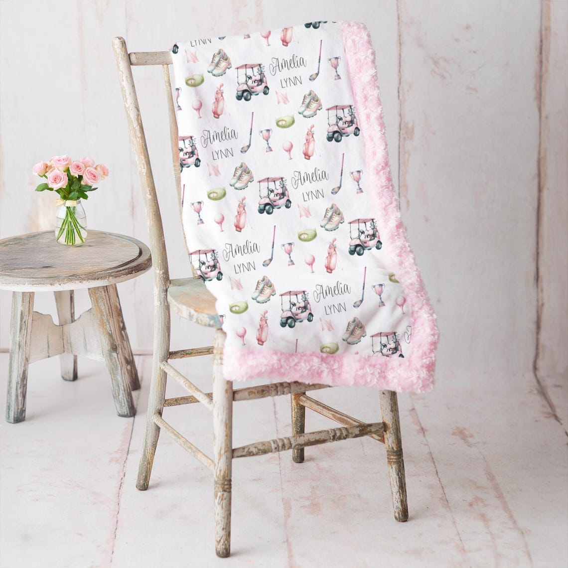 Personalized Golf Blanket Girl – Custom Name Pink Golf Cart Design