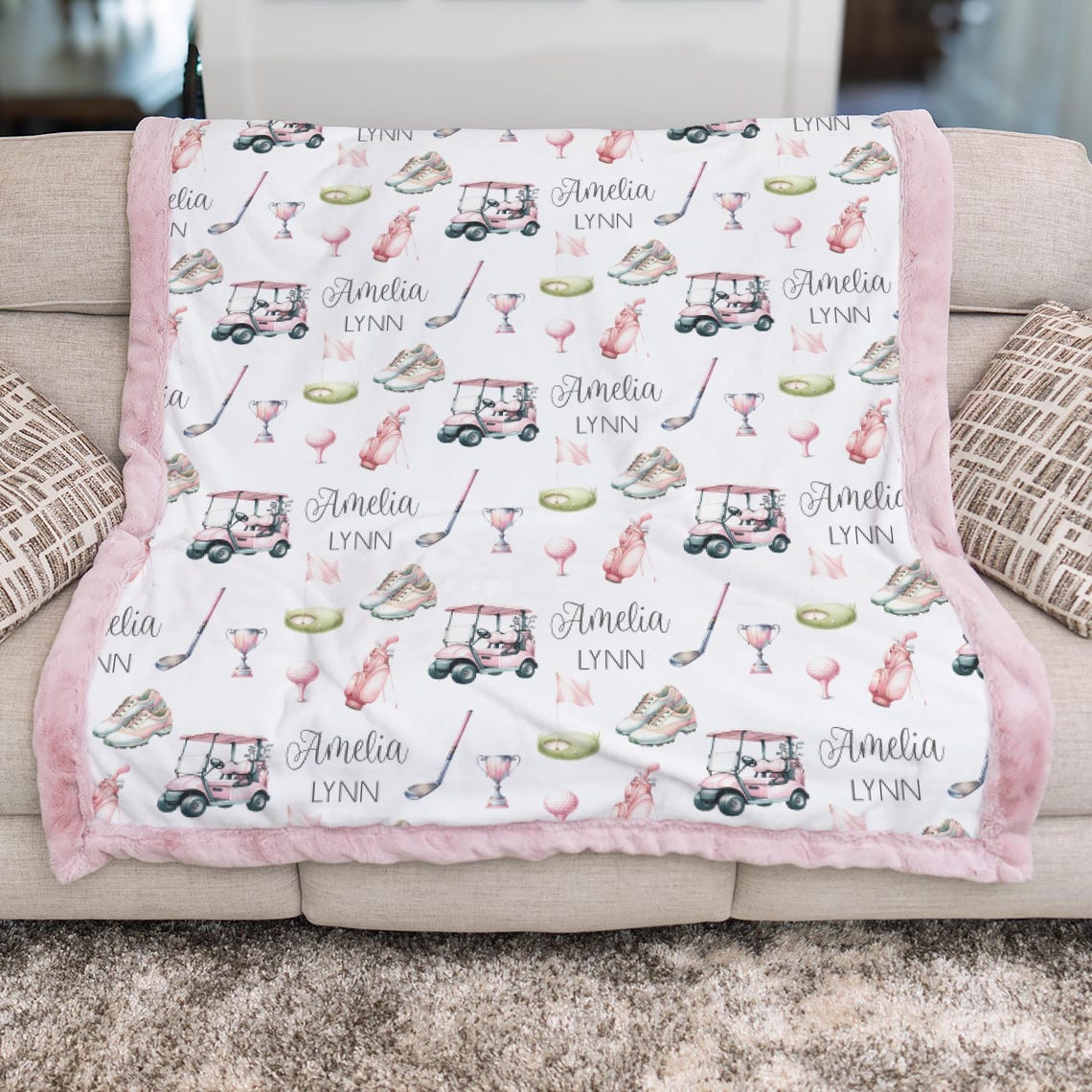 Personalized Golf Blanket Girl – Custom Name Pink Golf Cart Design