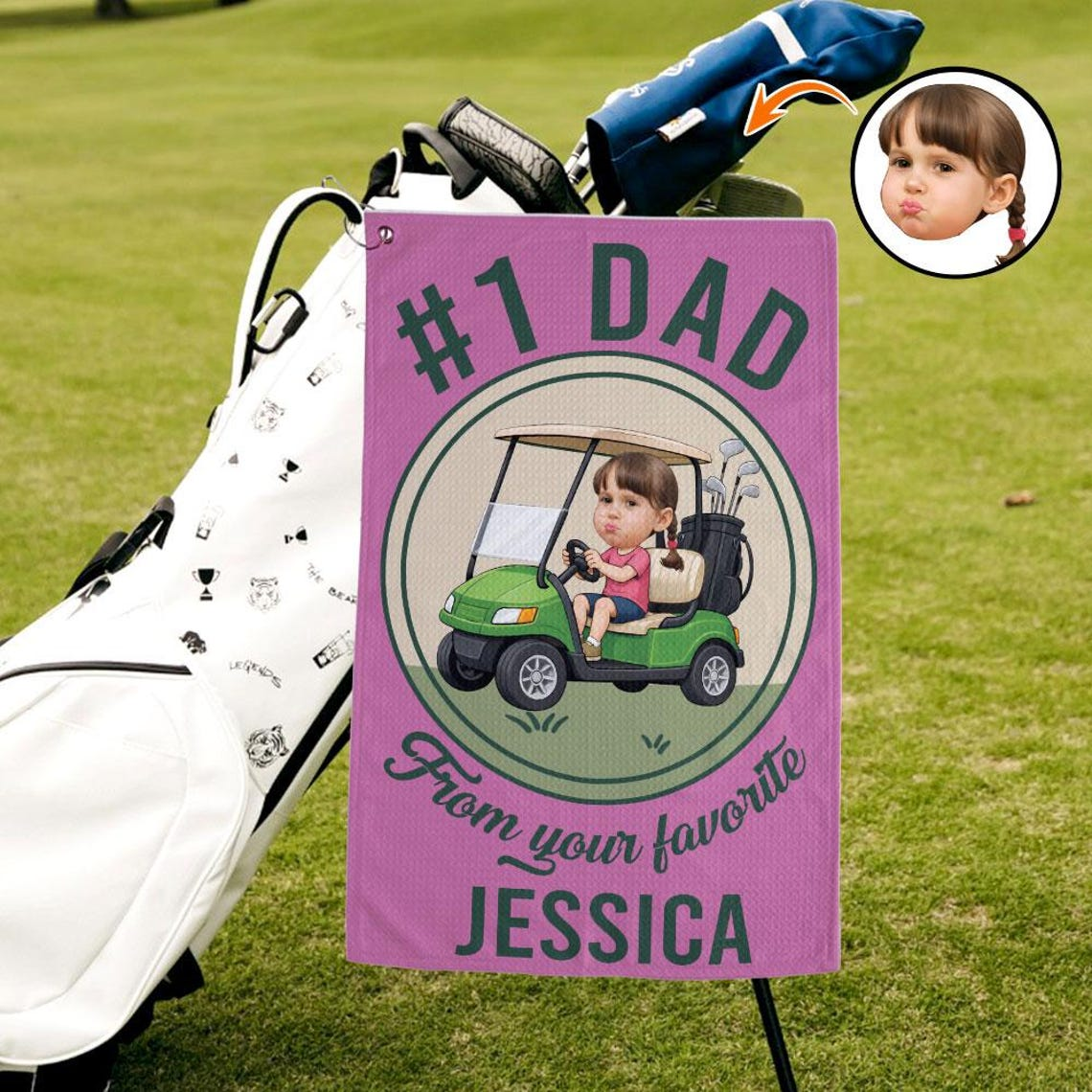 Personalized Golf Towel with Kid's Photo - Custom Picture Gift for Dad, Grandpa - Best Father's Day Golfing Accessories