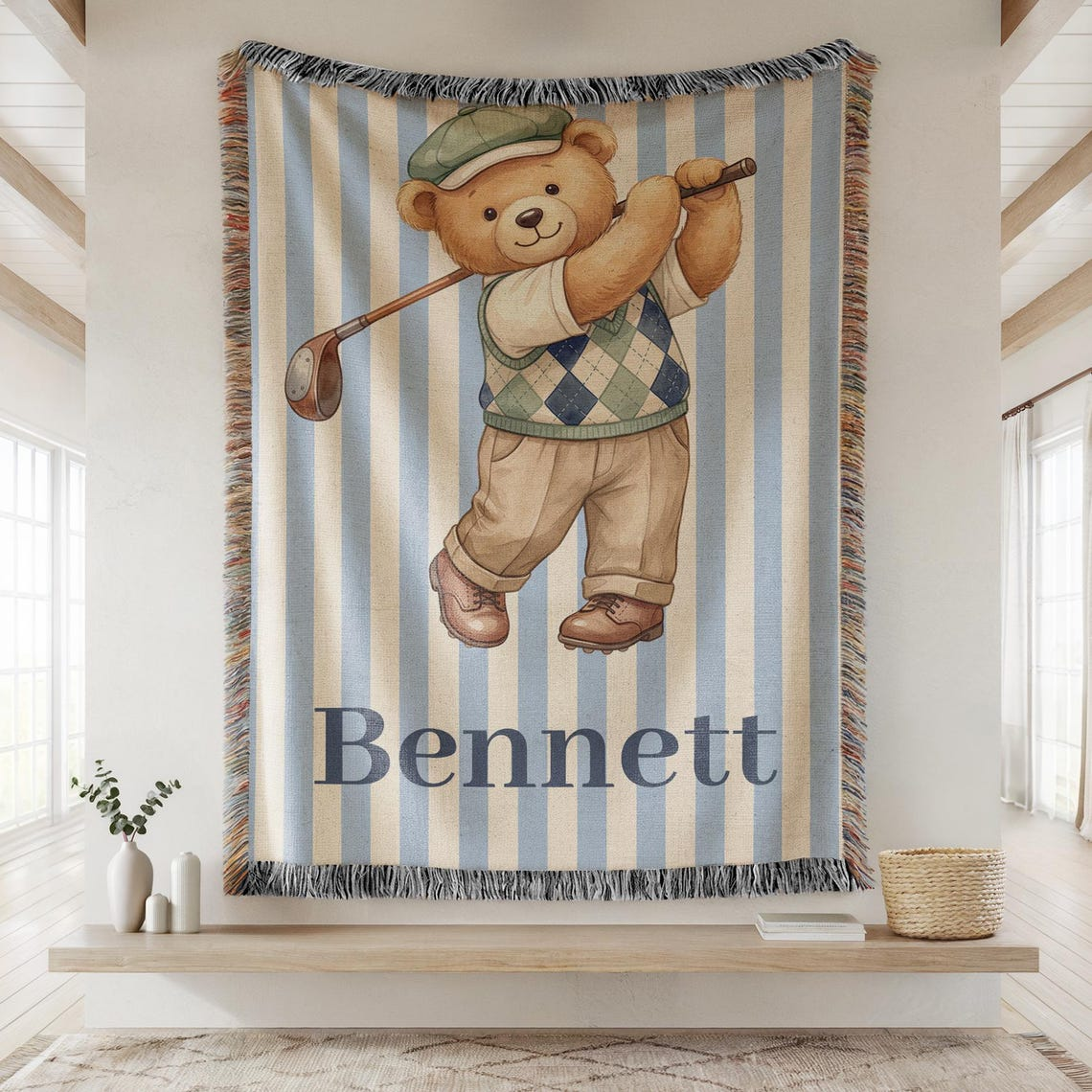 Personalized Teddy Bear Golf Blanket Custom Personable BabyShower Name Gift Decorative Throw Nursery Gifted Personal TeddyBear Golfing