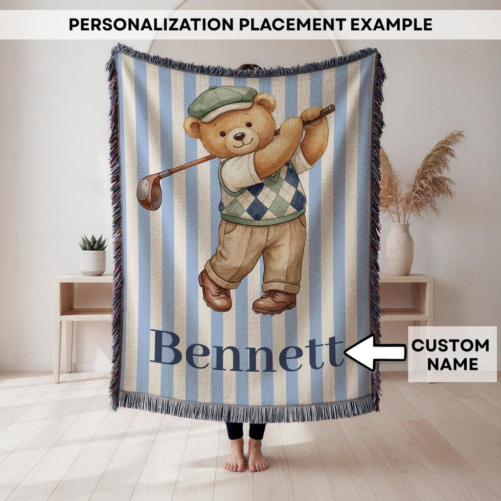 Personalized Teddy Bear Golf Blanket Custom Personable BabyShower Name Gift Decorative Throw Nursery Gifted Personal TeddyBear Golfing