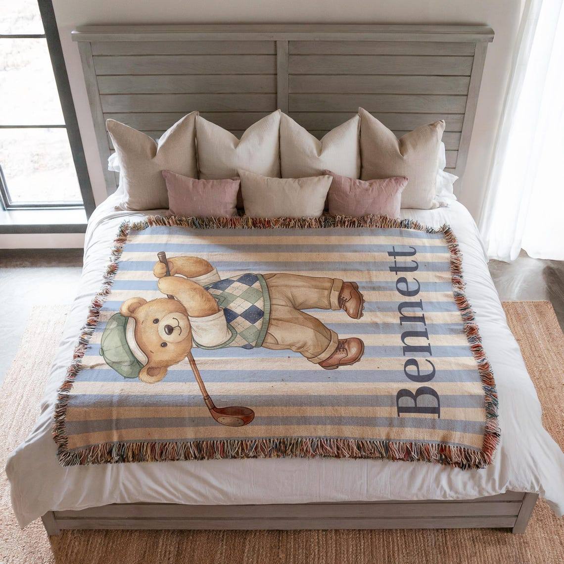 Personalized Teddy Bear Golf Blanket Custom Personable BabyShower Name Gift Decorative Throw Nursery Gifted Personal TeddyBear Golfing