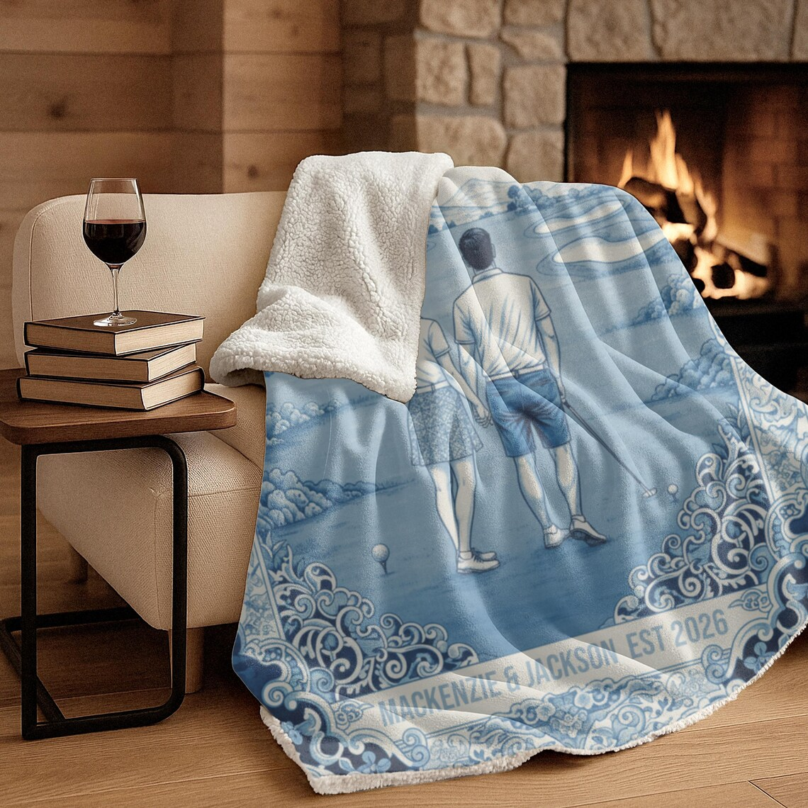 Personalized Golf Blanket Wedding Gift Chinoiserie Golfing Couple  Blanket Engagement Present Forth 2nd Anniversary Husband Fathers Day