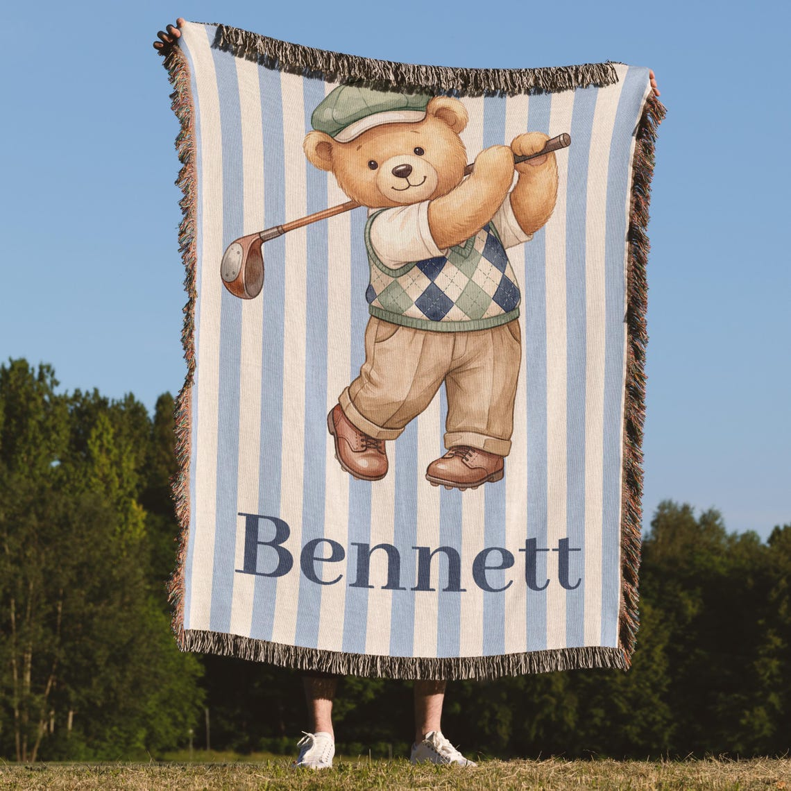Personalized Teddy Bear Golf Blanket Custom Personable BabyShower Name Gift Decorative Throw Nursery Gifted Personal TeddyBear Golfing