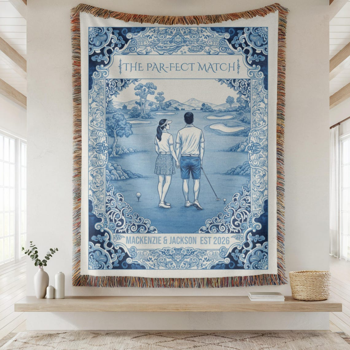 Personalized Golf Blanket Wedding Gift Chinoiserie Golfing Couple  Blanket Engagement Present Forth 2nd Anniversary Husband Fathers Day