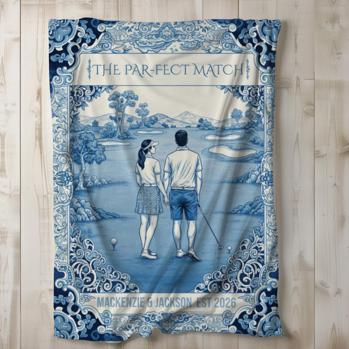 Personalized Golf Blanket Wedding Gift Chinoiserie Golfing Couple  Blanket Engagement Present Forth 2nd Anniversary Husband Fathers Day