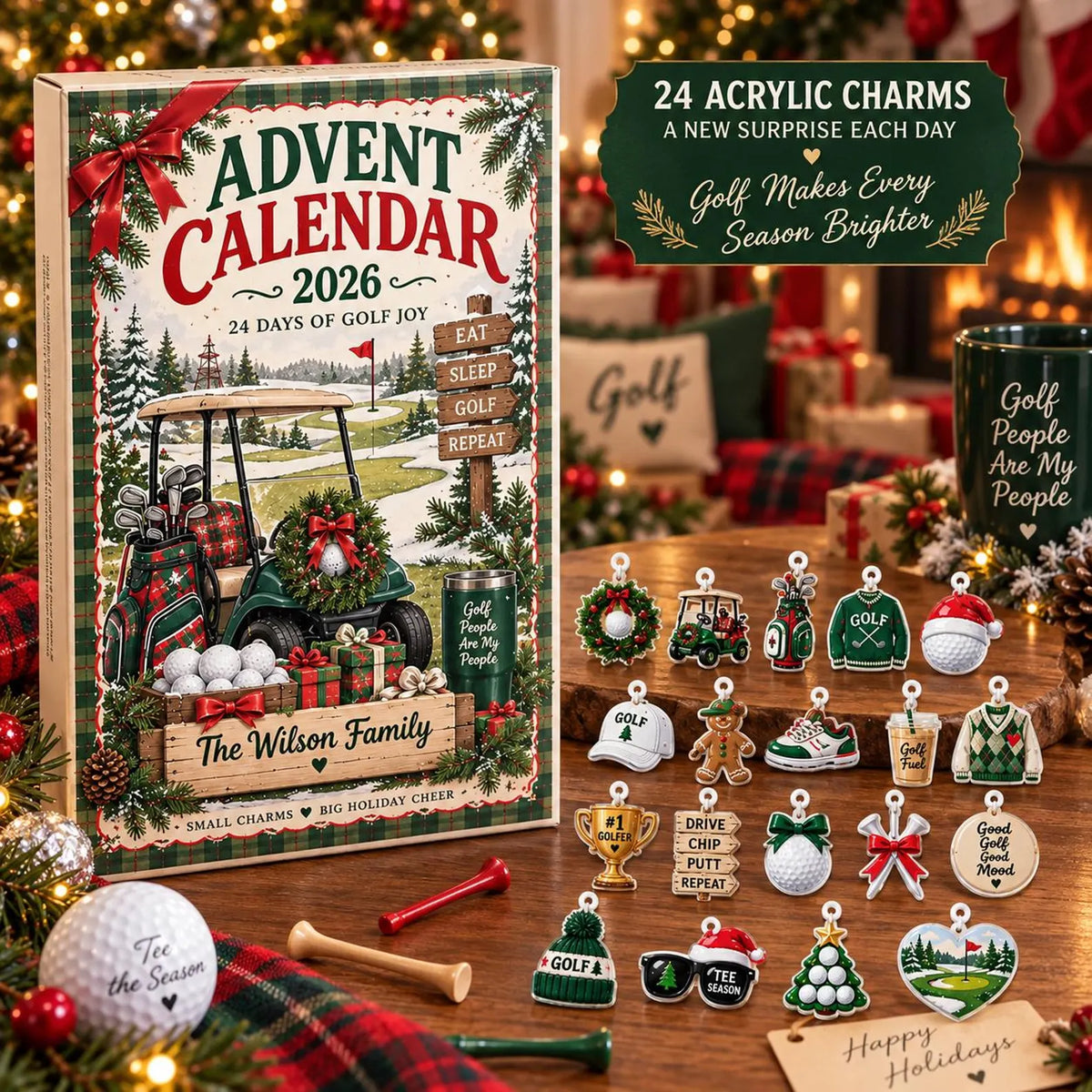 Personalized Golf Advent Calendar 2026, Custom Family Countdown Box, 24 Acrylic Charms Set, Sports Theme Holiday Decor, Gift for Men. ACGTP09