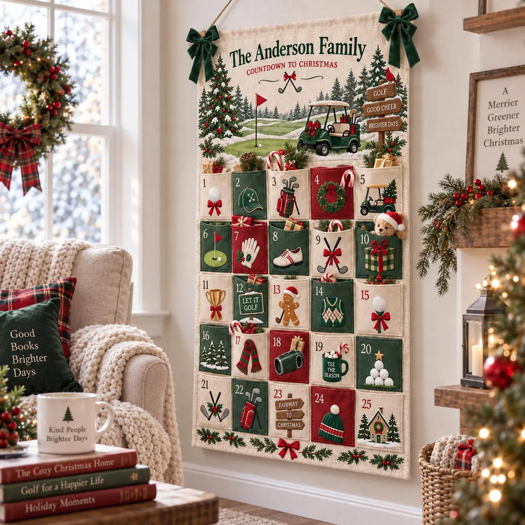 Personalized Golf Christmas Fabric Advent Calendar, 25 Day Golfer Pocket Countdown, Custom Family Name Quilted Wall Hanging, Golf Lover Xmas. ACGTP10