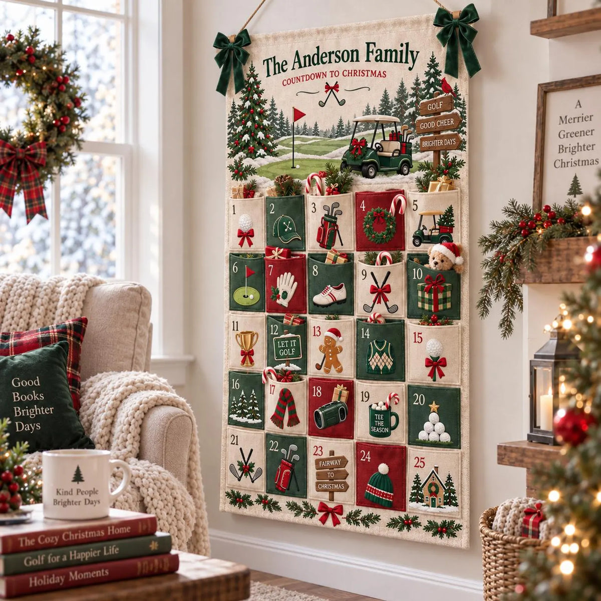 Personalized Golf Christmas Fabric Advent Calendar, 25 Day Golfer Pocket Countdown, Custom Family Name Quilted Wall Hanging, Golf Lover Xmas. ACGTP10