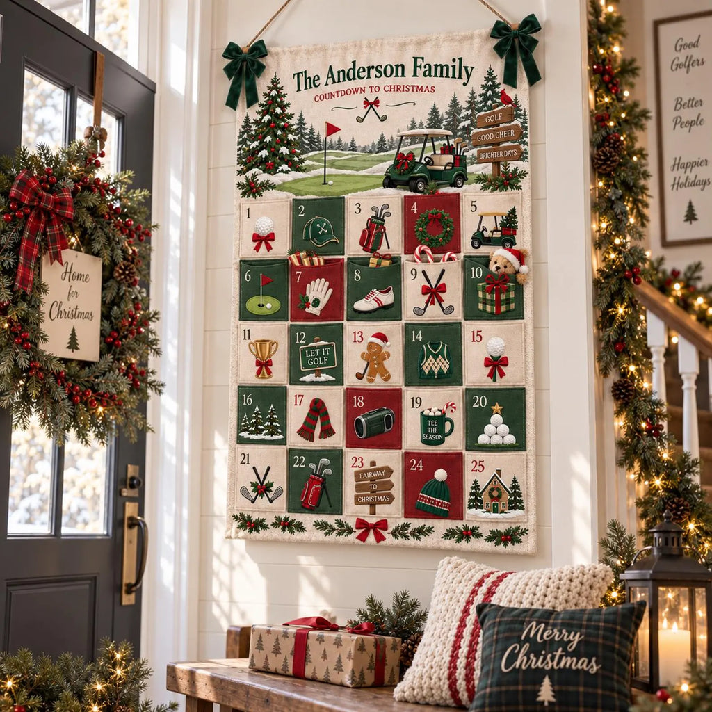 Personalized Golf Christmas Fabric Advent Calendar, 25 Day Golfer Pocket Countdown, Custom Family Name Quilted Wall Hanging, Golf Lover Xmas. ACGTP10