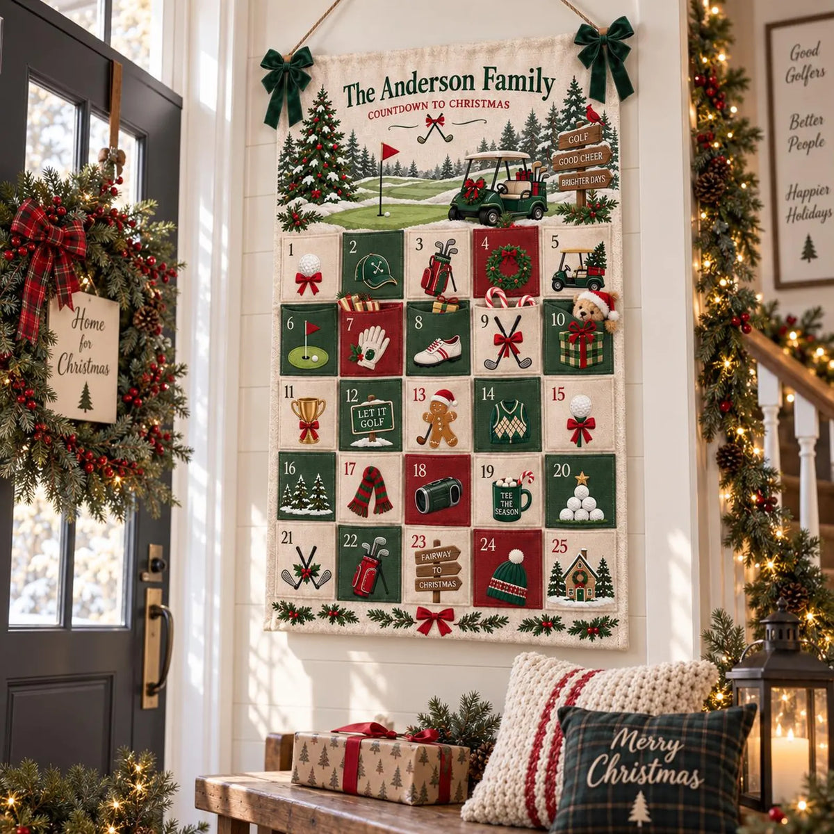 Personalized Golf Christmas Fabric Advent Calendar, 25 Day Golfer Pocket Countdown, Custom Family Name Quilted Wall Hanging, Golf Lover Xmas. ACGTP10