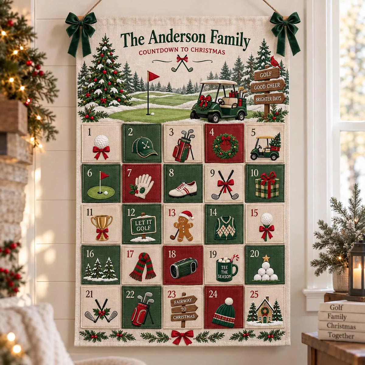 Personalized Golf Christmas Fabric Advent Calendar, 25 Day Golfer Pocket Countdown, Custom Family Name Quilted Wall Hanging, Golf Lover Xmas. ACGTP10