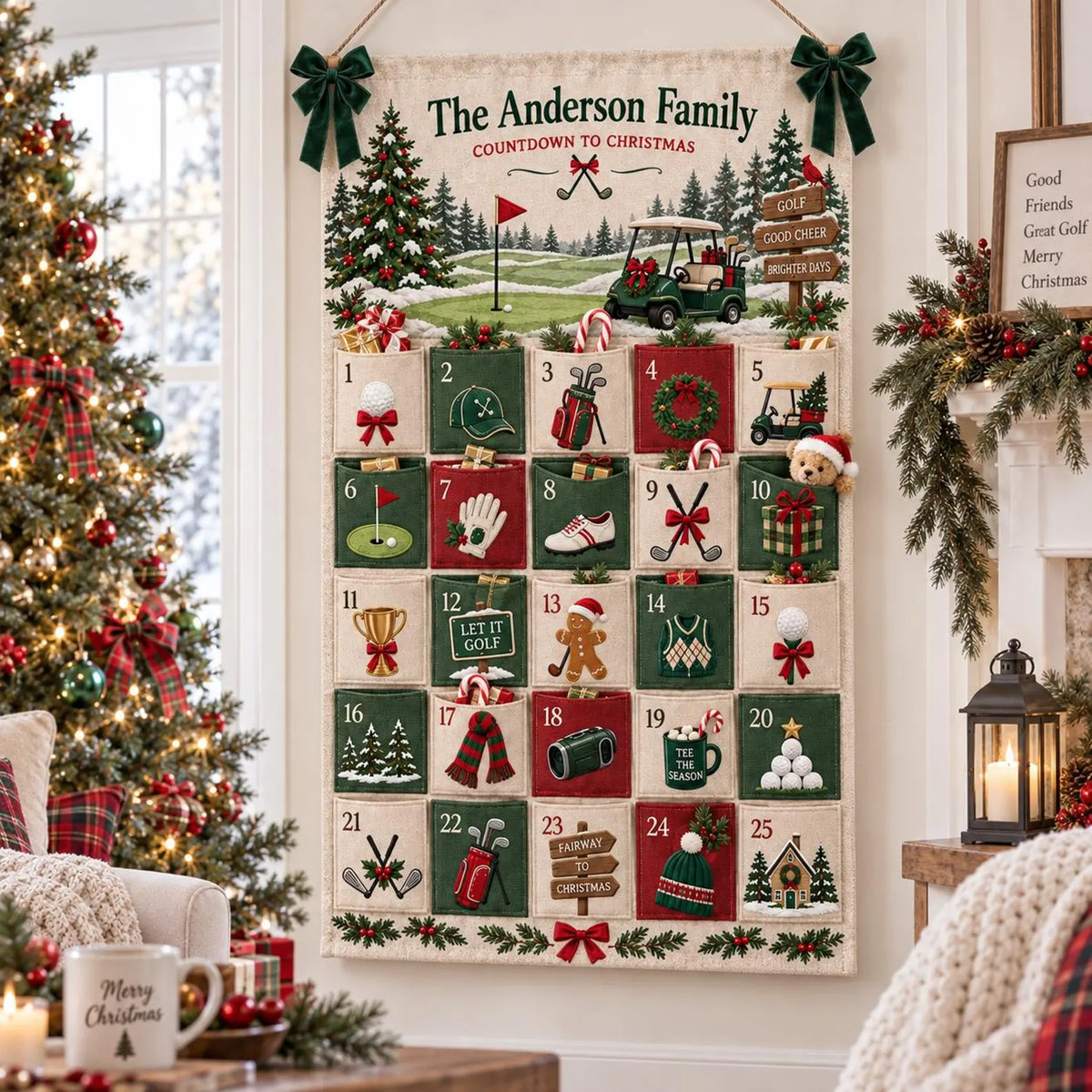 Personalized Golf Christmas Fabric Advent Calendar, 25 Day Golfer Pocket Countdown, Custom Family Name Quilted Wall Hanging, Golf Lover Xmas. ACGTP10