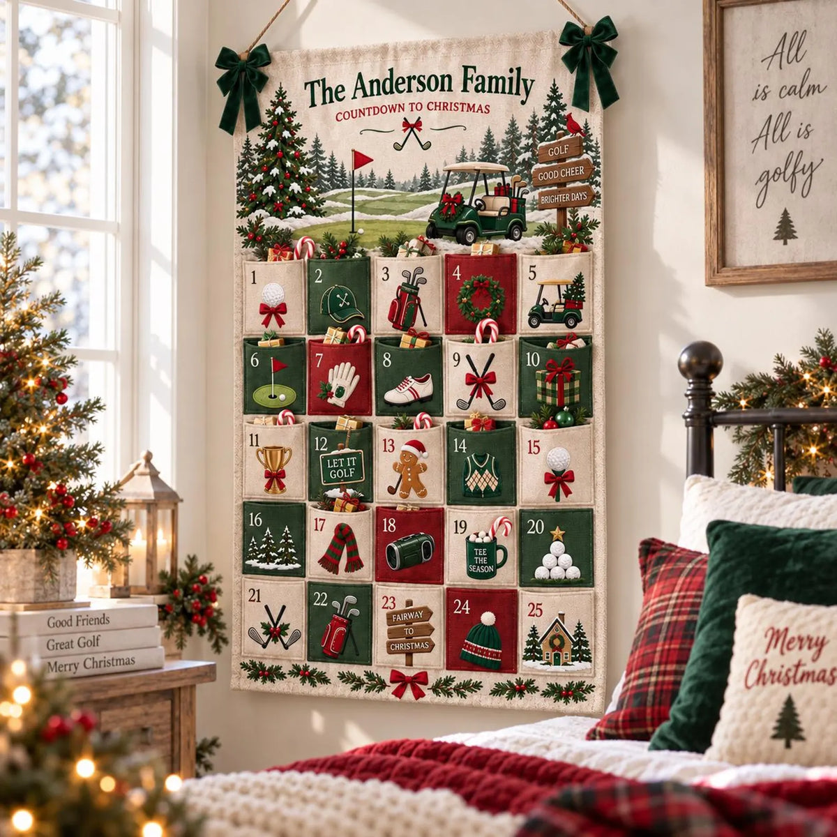 Personalized Golf Christmas Fabric Advent Calendar, 25 Day Golfer Pocket Countdown, Custom Family Name Quilted Wall Hanging, Golf Lover Xmas. ACGTP10