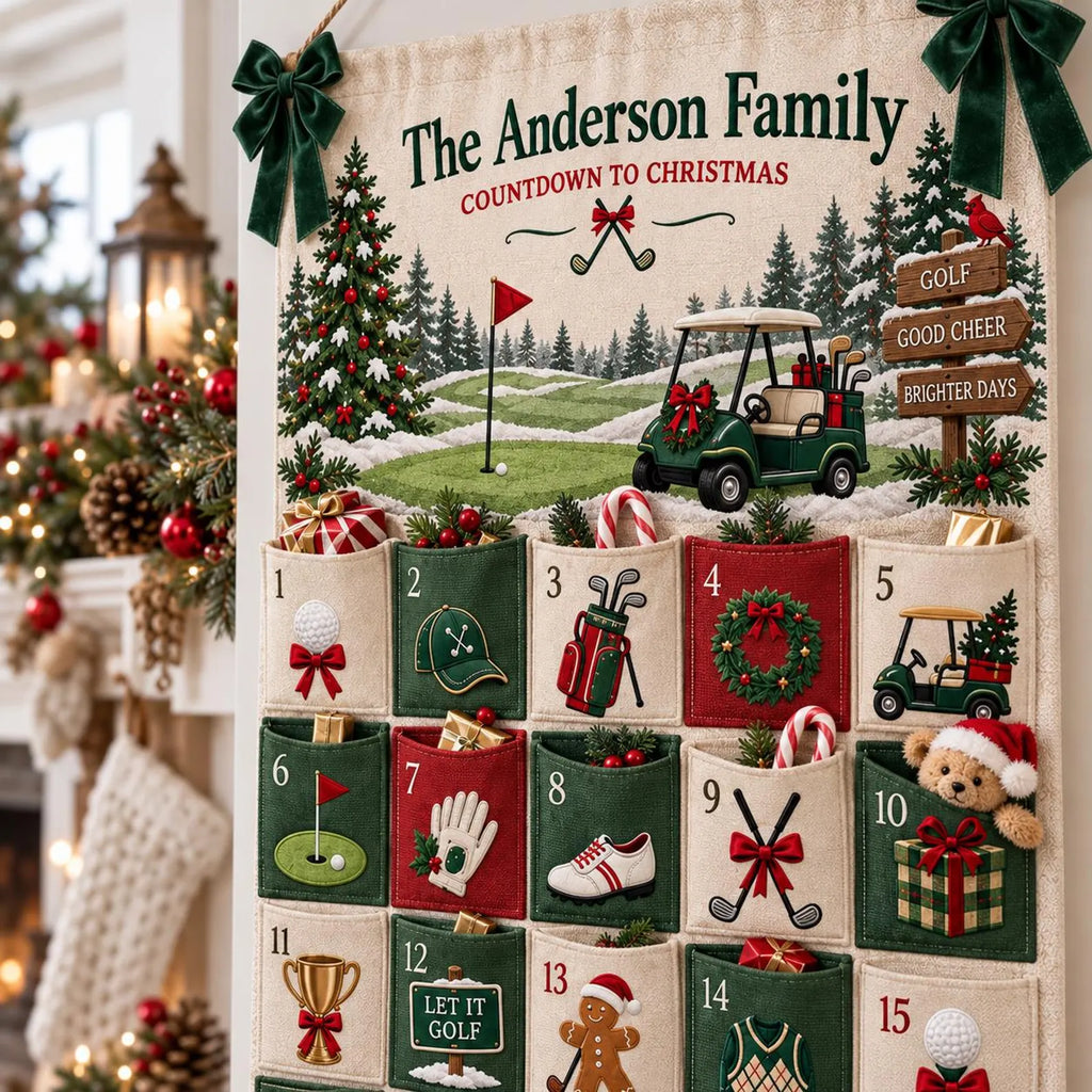 Personalized Golf Christmas Fabric Advent Calendar, 25 Day Golfer Pocket Countdown, Custom Family Name Quilted Wall Hanging, Golf Lover Xmas. ACGTP10
