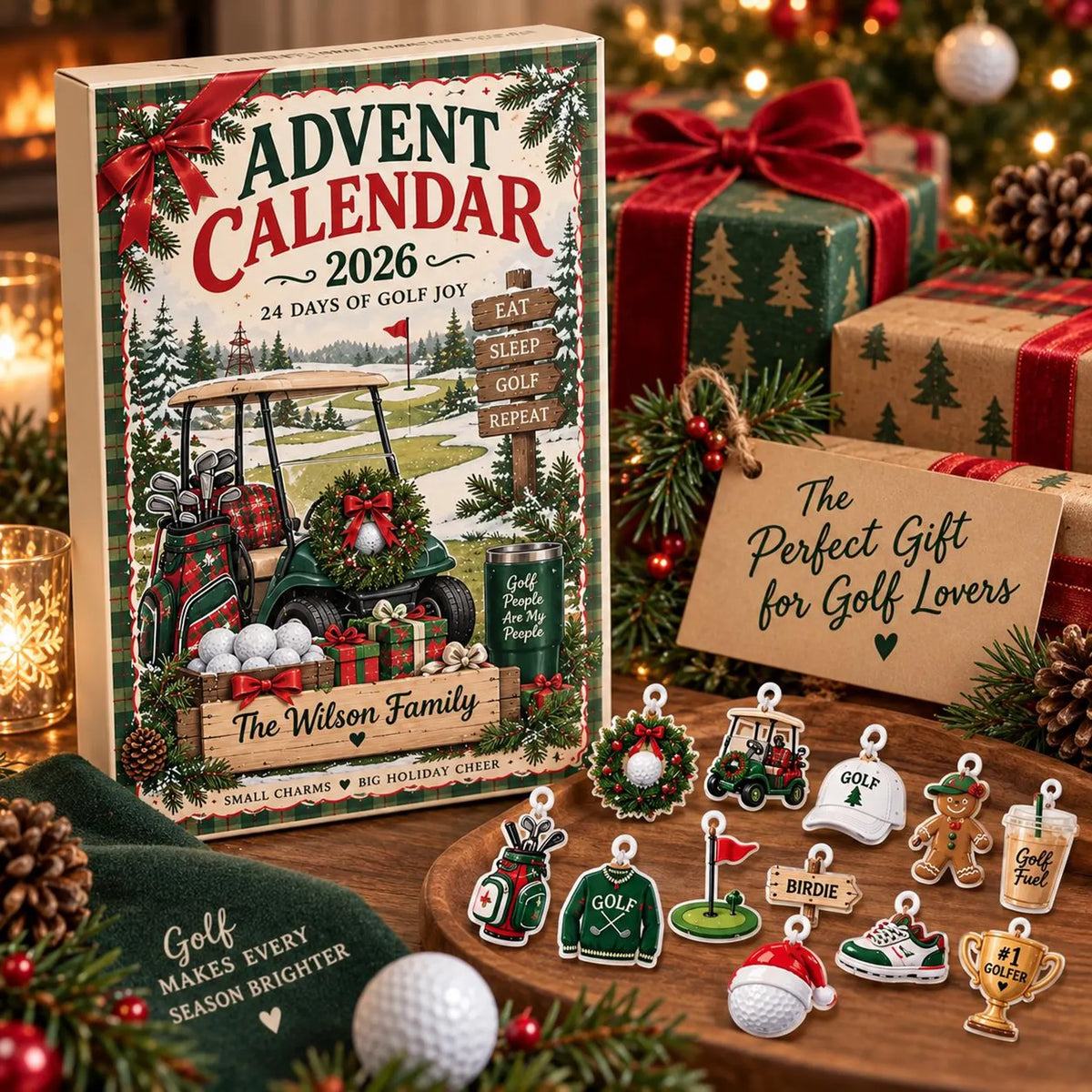 Personalized Golf Advent Calendar 2026, Custom Family Countdown Box, 24 Acrylic Charms Set, Sports Theme Holiday Decor, Gift for Men. ACGTP09