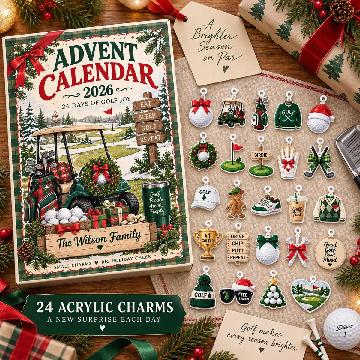 Personalized Golf Advent Calendar 2026, Custom Family Countdown Box, 24 Acrylic Charms Set, Sports Theme Holiday Decor, Gift for Men. ACGTP09