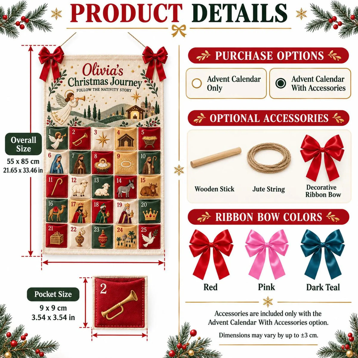 Personalized Golf Christmas Fabric Advent Calendar, 25 Day Golfer Pocket Countdown, Custom Family Name Quilted Wall Hanging, Golf Lover Xmas. ACGTP10