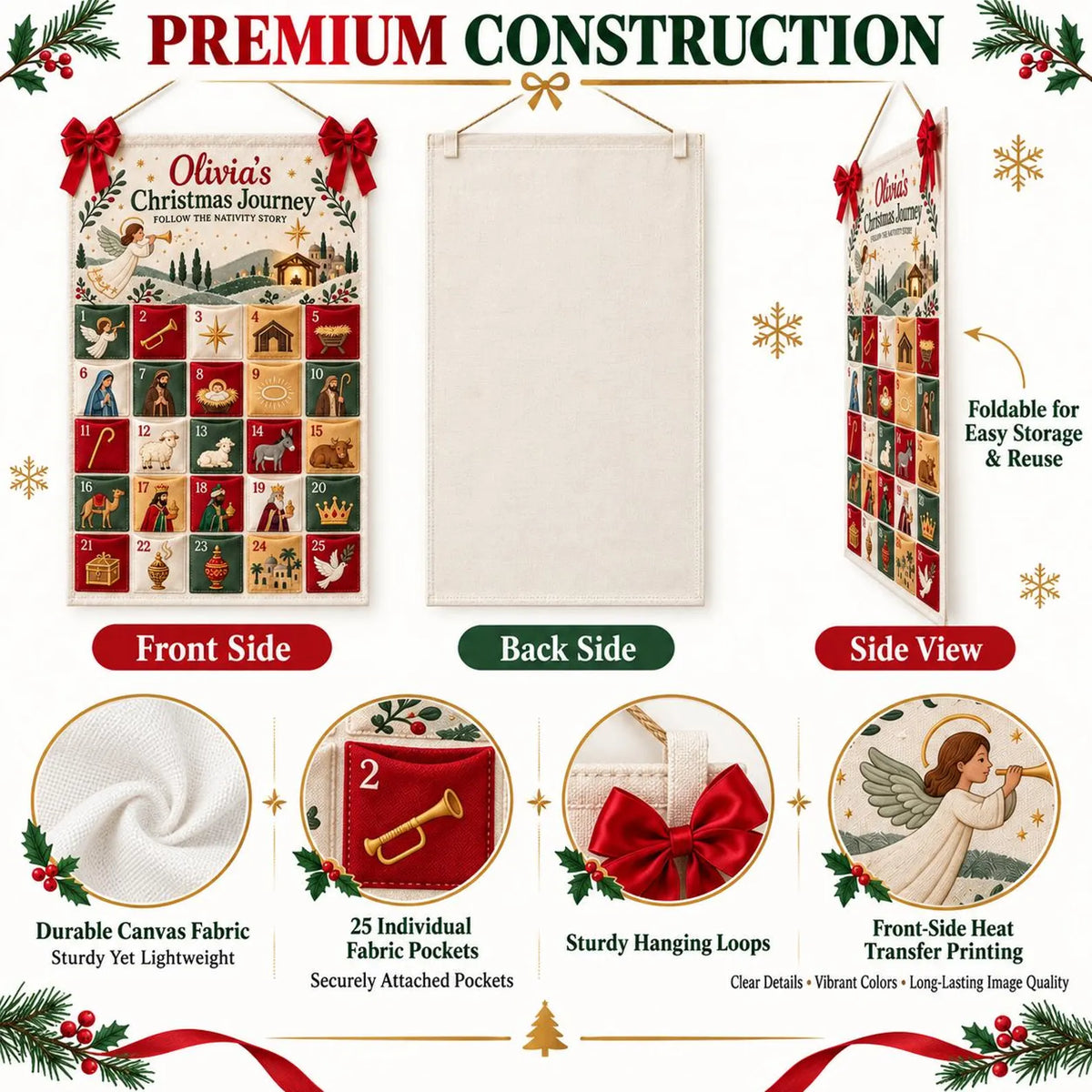 Personalized Golf Christmas Fabric Advent Calendar, 25 Day Golfer Pocket Countdown, Custom Family Name Quilted Wall Hanging, Golf Lover Xmas. ACGTP10