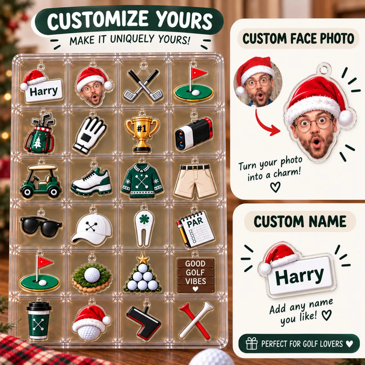 Golf Advent Calendar, Personalized Christmas Gift for Golfer, Custom Name Photo Keychain, 24 Day Gift for Dad Husband Boyfriend Golf Lover. ACGTP01