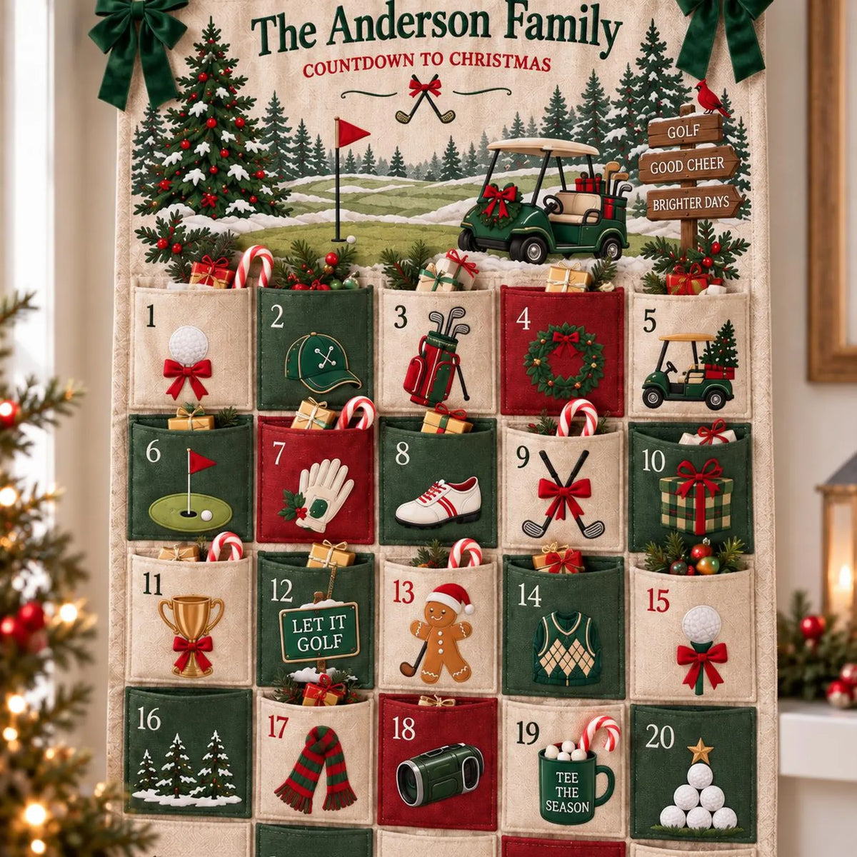 Personalized Golf Christmas Fabric Advent Calendar, 25 Day Golfer Pocket Countdown, Custom Family Name Quilted Wall Hanging, Golf Lover Xmas. ACGTP10