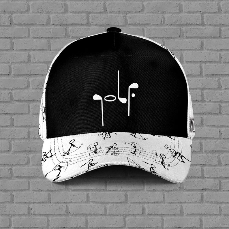 Custom Name Funny Stick Figure Golf Cap, Personalized Black & White Sketch Hat, Adjustable Snapback Golfer Gift