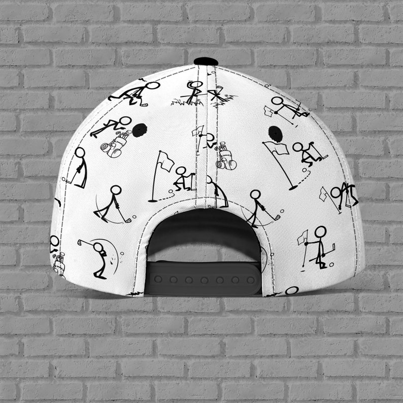 Custom Name Funny Stick Figure Golf Cap, Personalized Black & White Sketch Hat, Adjustable Snapback Golfer Gift