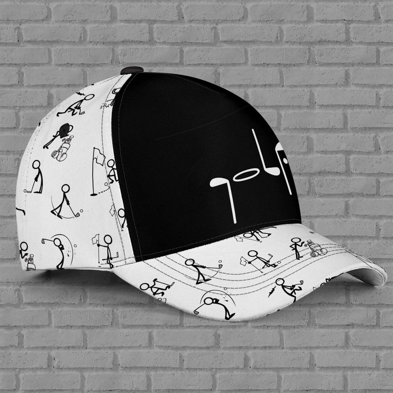Custom Name Funny Stick Figure Golf Cap, Personalized Black & White Sketch Hat, Adjustable Snapback Golfer Gift