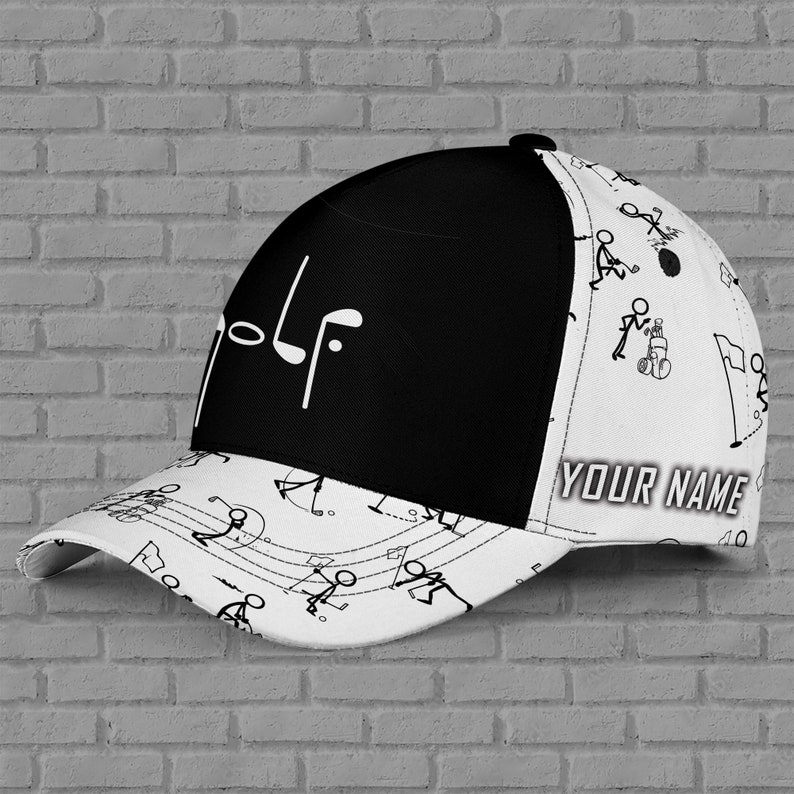 Custom Name Funny Stick Figure Golf Cap, Personalized Black & White Sketch Hat, Adjustable Snapback Golfer Gift