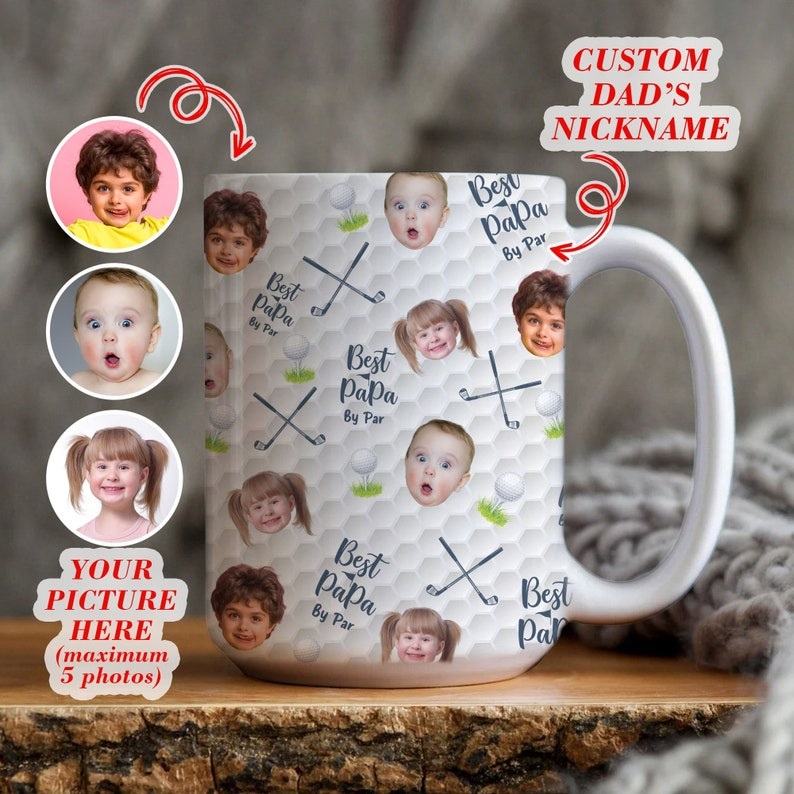 Custom Face Golf Mug, Best Dad By Par, Personalized Photo Cup with Kids Faces, Funny Father's Day Gift for Golfer, All Over Print