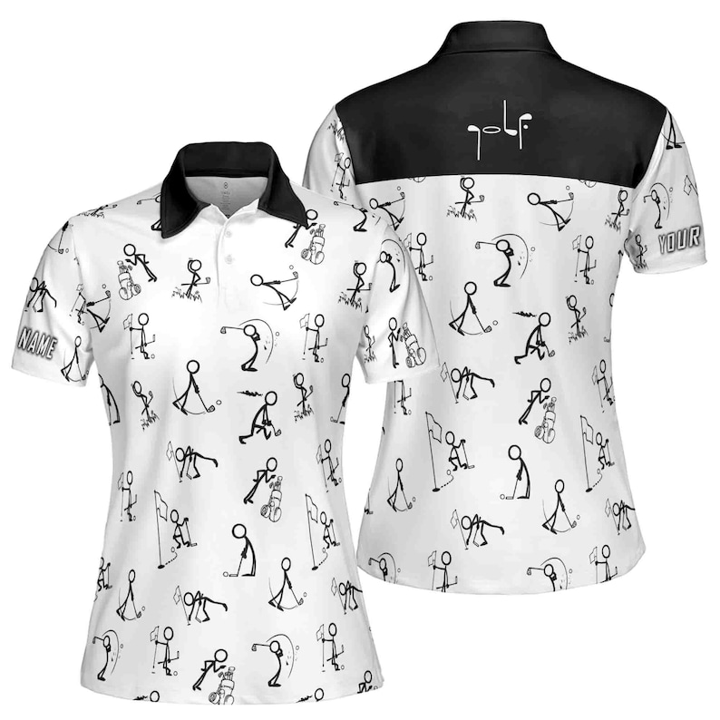 Custom Name Women's Golf Polo Shirt S-5XL | Funny Stick Figure Pattern | Personalized Sleeve Text Golf Team Jersey