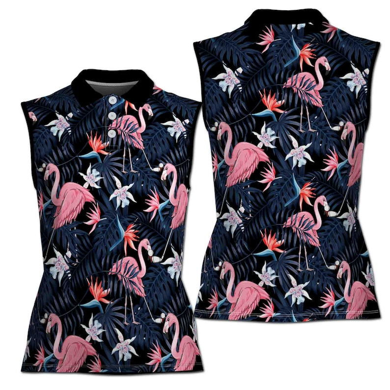 Tropical Flamingo Sleeveless Golf Polo Women, Seamless 3D Floral Print Shirt, Ladies Summer Golf Tank Top, Hawaiian Golf Outfit