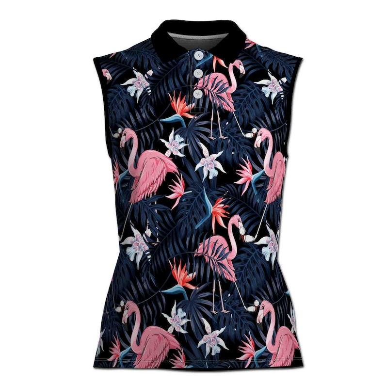 Tropical Flamingo Sleeveless Golf Polo Women, Seamless 3D Floral Print Shirt, Ladies Summer Golf Tank Top, Hawaiian Golf Outfit