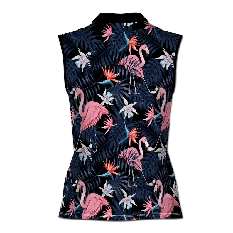 Tropical Flamingo Sleeveless Golf Polo Women, Seamless 3D Floral Print Shirt, Ladies Summer Golf Tank Top, Hawaiian Golf Outfit