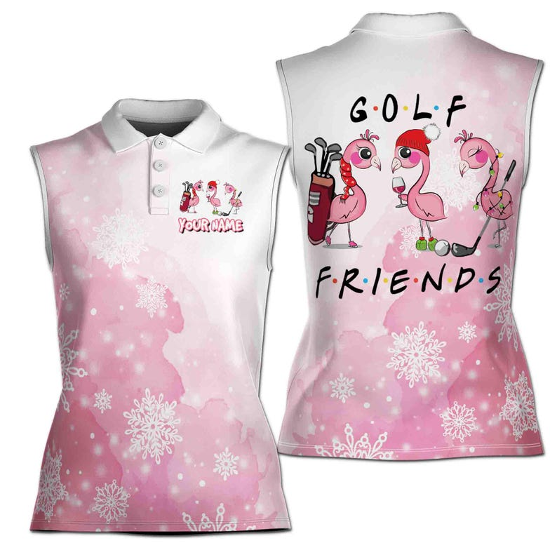 Golf Friends Flamingo Sleeveless Shirt, Custom Name Pink Christmas Polo, Funny Santa Flamingo Print, Holiday Golf Gift For Her