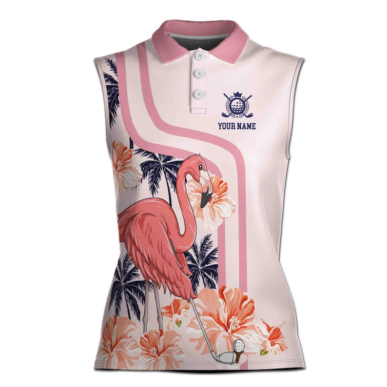 Personalized Name Pink Flamingo Golf Shirt Women, Sleeveless Tropical Floral Polo, Pastel Summer Golf Tank Top, Custom Gift For Golfer
