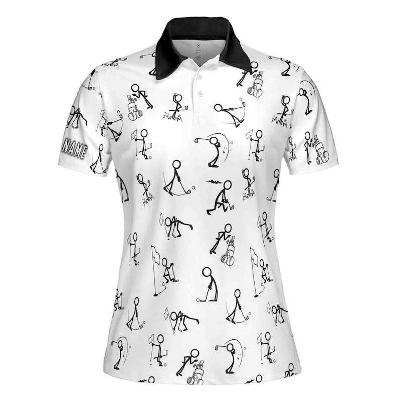Custom Name Women's Golf Polo Shirt S-5XL | Funny Stick Figure Pattern | Personalized Sleeve Text Golf Team Jersey