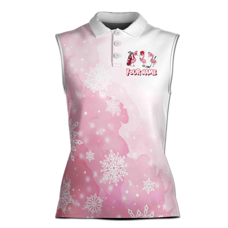 Golf Friends Flamingo Sleeveless Shirt, Custom Name Pink Christmas Polo, Funny Santa Flamingo Print, Holiday Golf Gift For Her