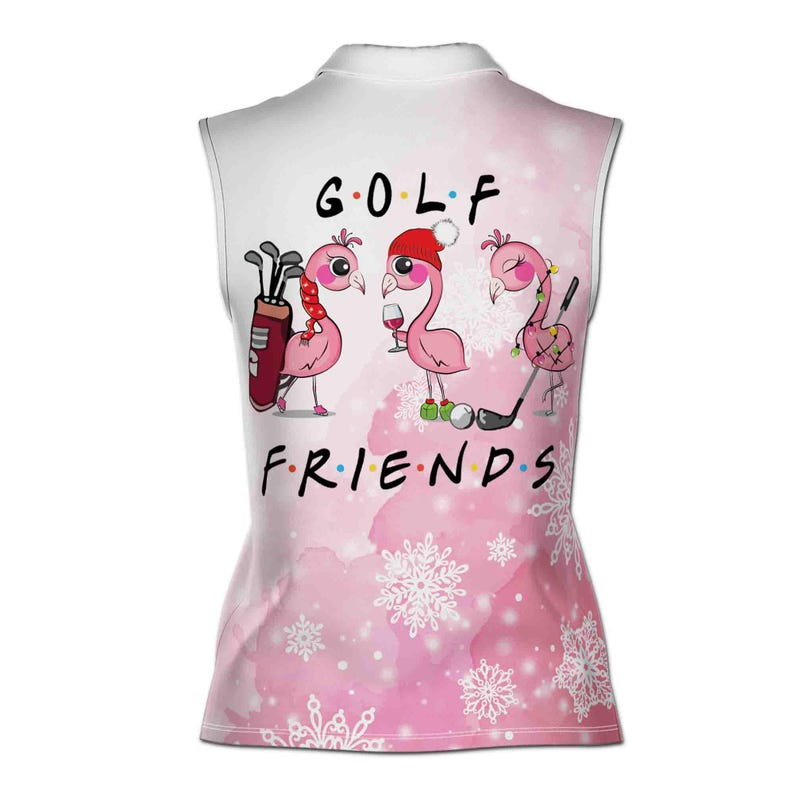 Golf Friends Flamingo Sleeveless Shirt, Custom Name Pink Christmas Polo, Funny Santa Flamingo Print, Holiday Golf Gift For Her