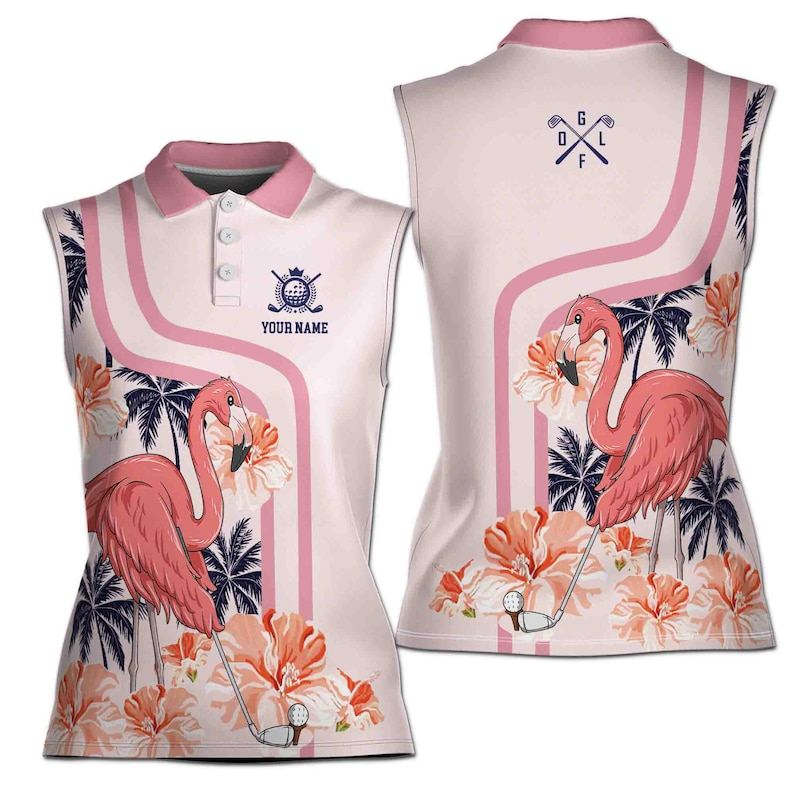 Personalized Name Pink Flamingo Golf Shirt Women, Sleeveless Tropical Floral Polo, Pastel Summer Golf Tank Top, Custom Gift For Golfer