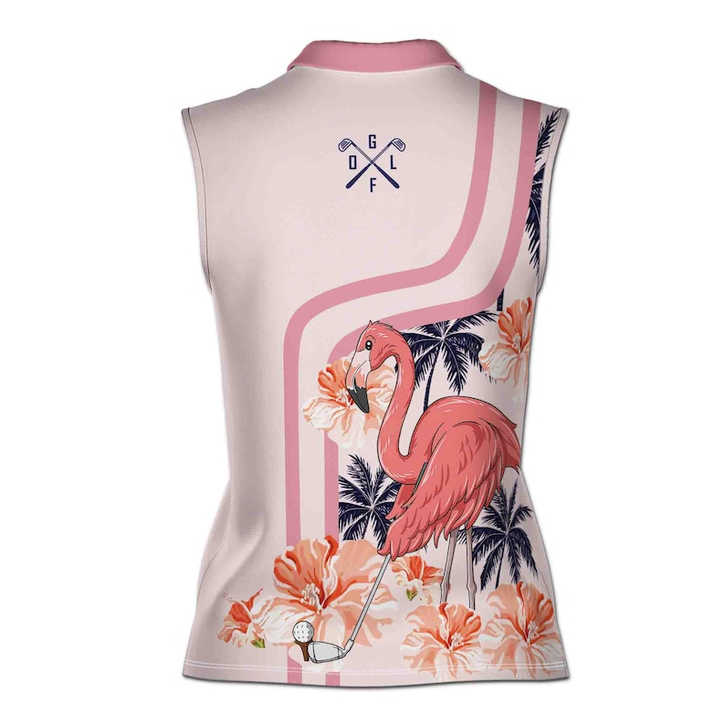 Personalized Name Pink Flamingo Golf Shirt Women, Sleeveless Tropical Floral Polo, Pastel Summer Golf Tank Top, Custom Gift For Golfer