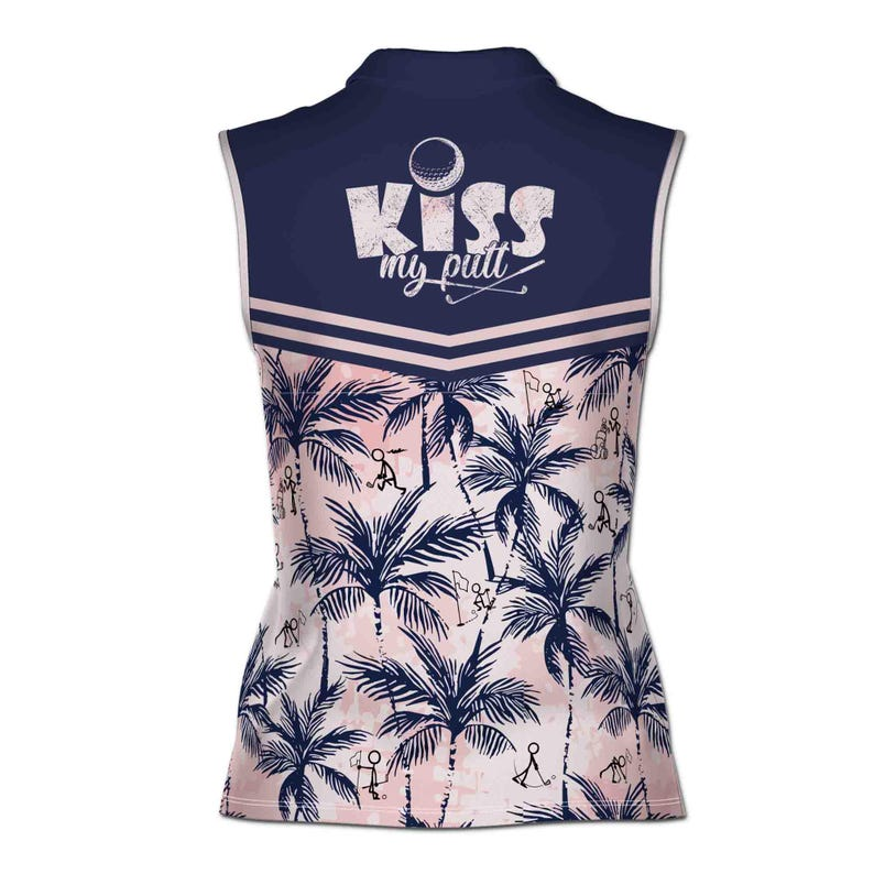 Custom Name Women's Golf Polo, Kiss My Putt Funny Slogan, Sleeveless Tropical Palm Tree Shirt, Personalized Ladies Golf Tank Top